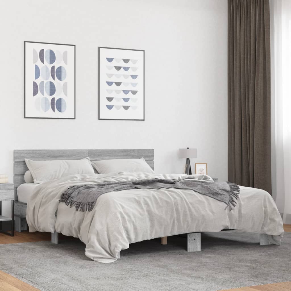 Bedframe bewerkt hout metaal grijs sonoma eiken 150x200 cm is nu te koop bij PeponiXL, paradijselijk wonen!