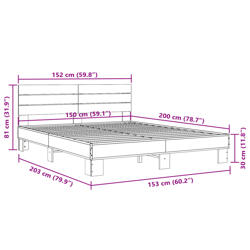 Bedframe bewerkt hout metaal grijs sonoma eiken 150x200 cm is nu te koop bij PeponiXL, paradijselijk wonen!
