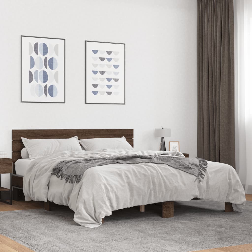 Bedframe bewerkt hout metaal bruin eikenkleur 150x200 cm is nu te koop bij PeponiXL, paradijselijk wonen!