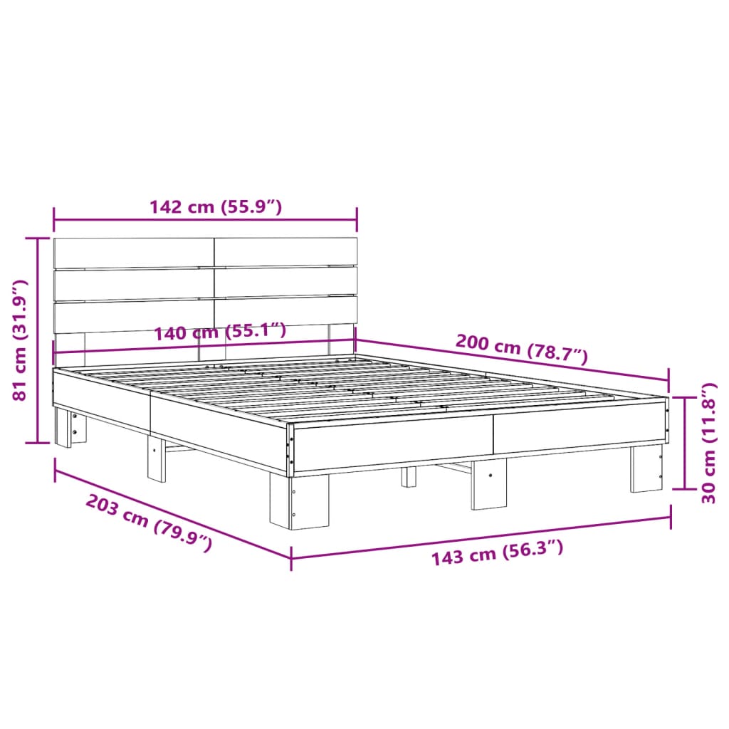 Bedframe bewerkt hout metaal gerookt eikenkleurig 140x200 cm is nu te koop bij PeponiXL, paradijselijk wonen!