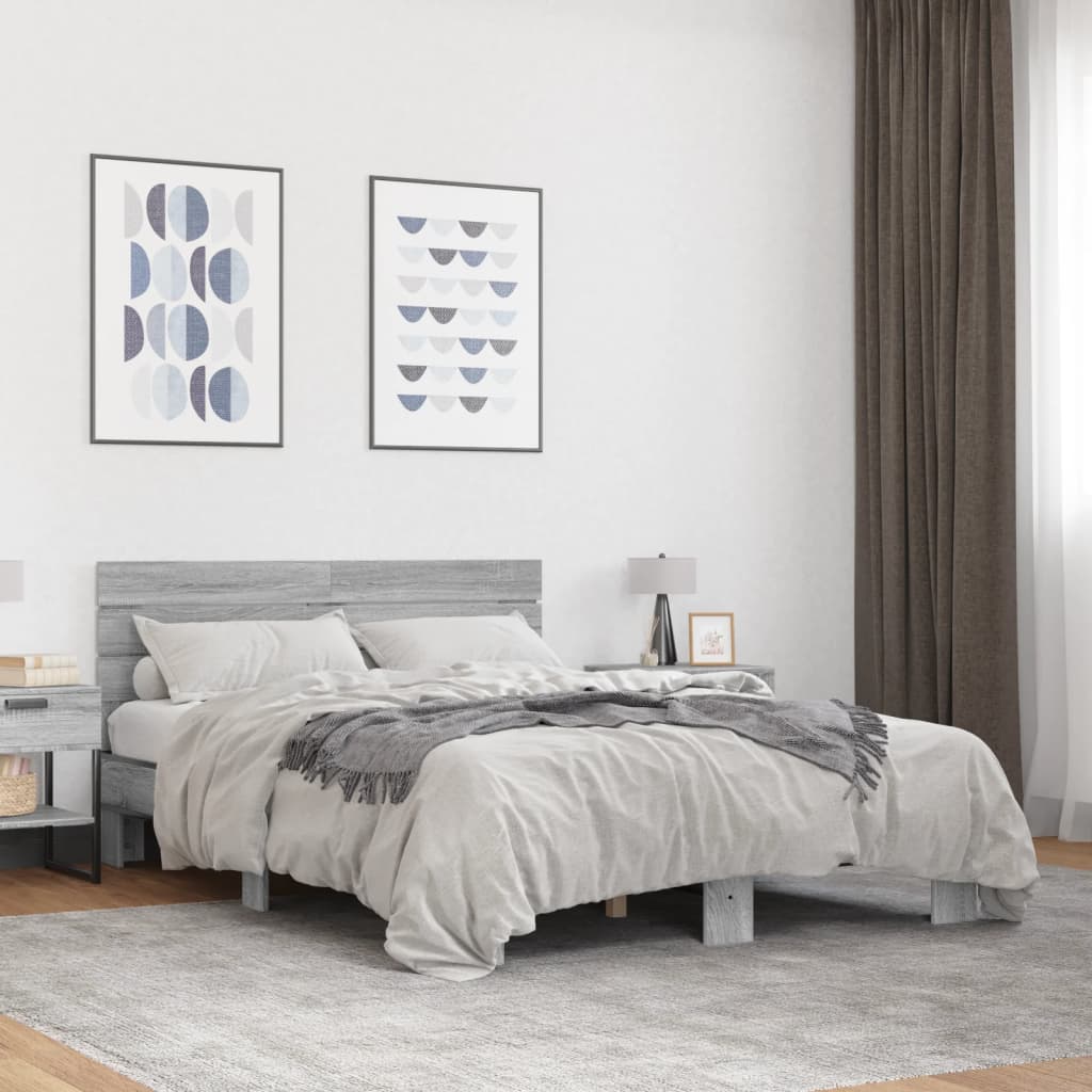 Bedframe bewerkt hout metaal grijs sonoma eiken 140x200 cm is nu te koop bij PeponiXL, paradijselijk wonen!