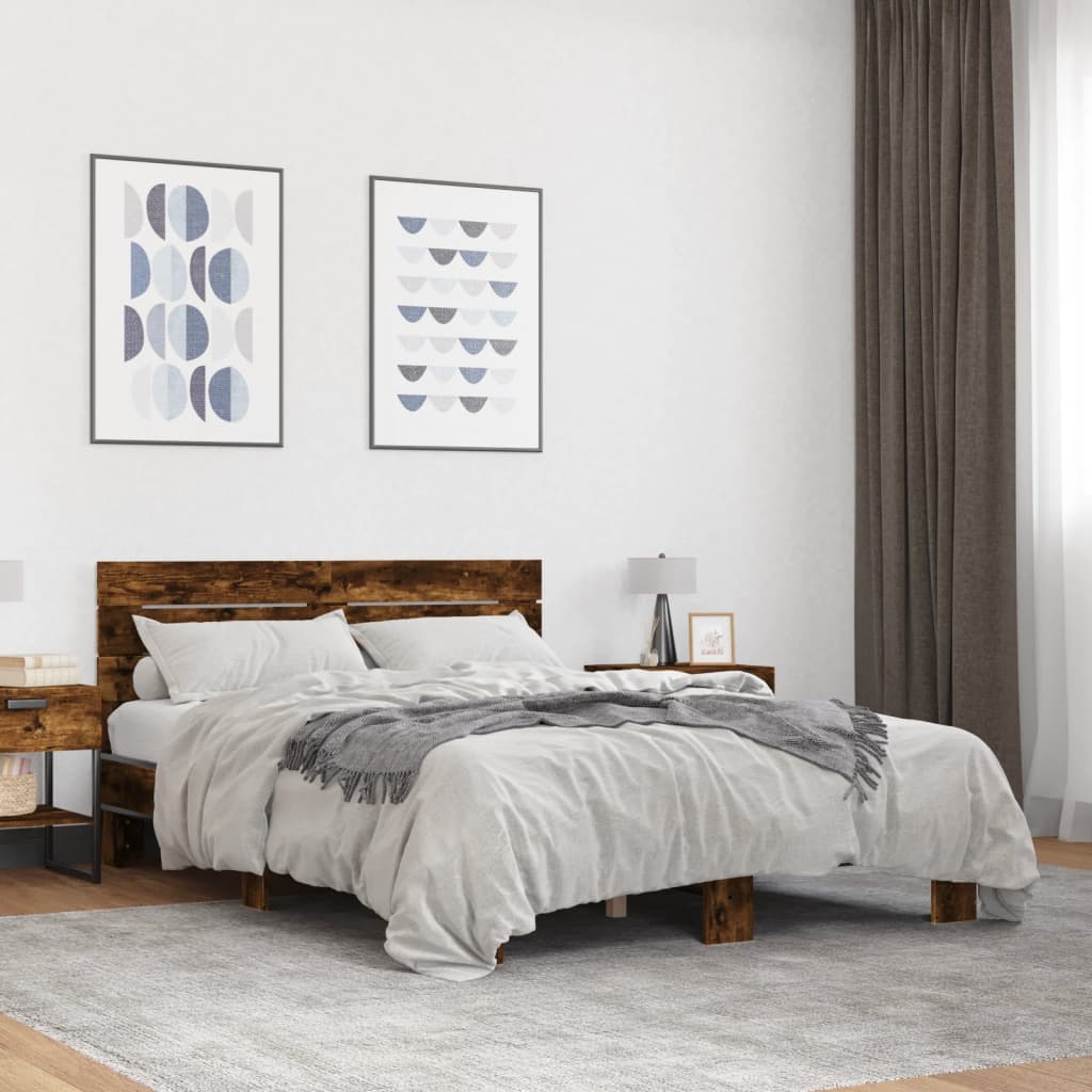 Bedframe bewerkt hout metaal gerookt eikenkleurig 120x200 cm is nu te koop bij PeponiXL, paradijselijk wonen!