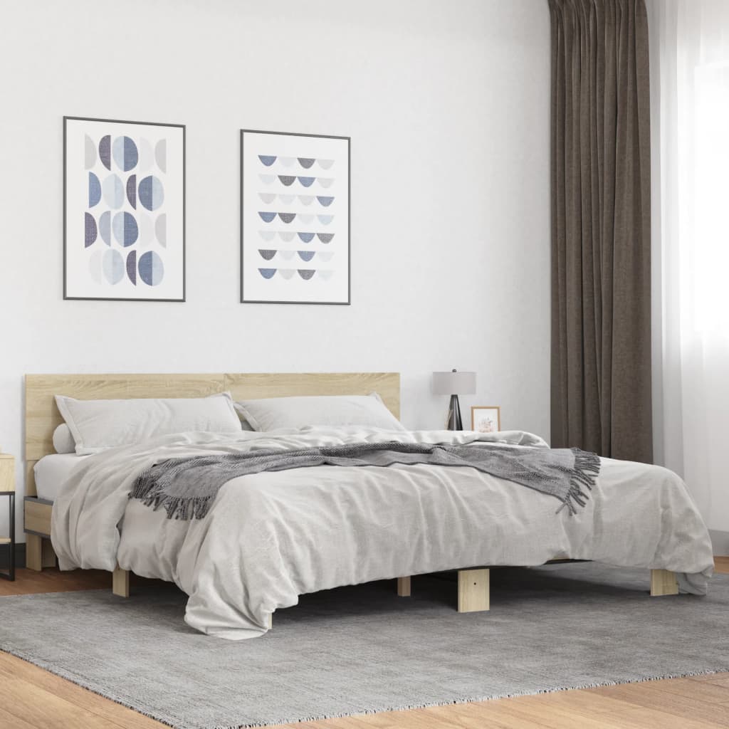 Bedframe bewerkt hout metaal sonoma eikenkleurig 200x200 cm is nu te koop bij PeponiXL, paradijselijk wonen!