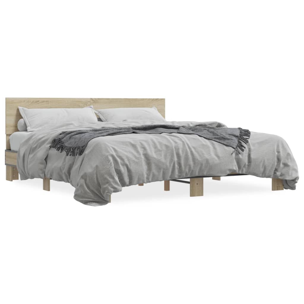 Bedframe bewerkt hout metaal sonoma eikenkleurig 200x200 cm is nu te koop bij PeponiXL, paradijselijk wonen!