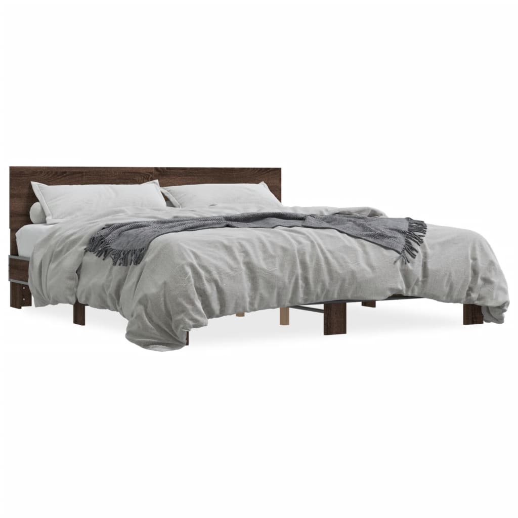 Bedframe bewerkt hout metaal bruin eikenkleur 200x200 cm is nu te koop bij PeponiXL, paradijselijk wonen!