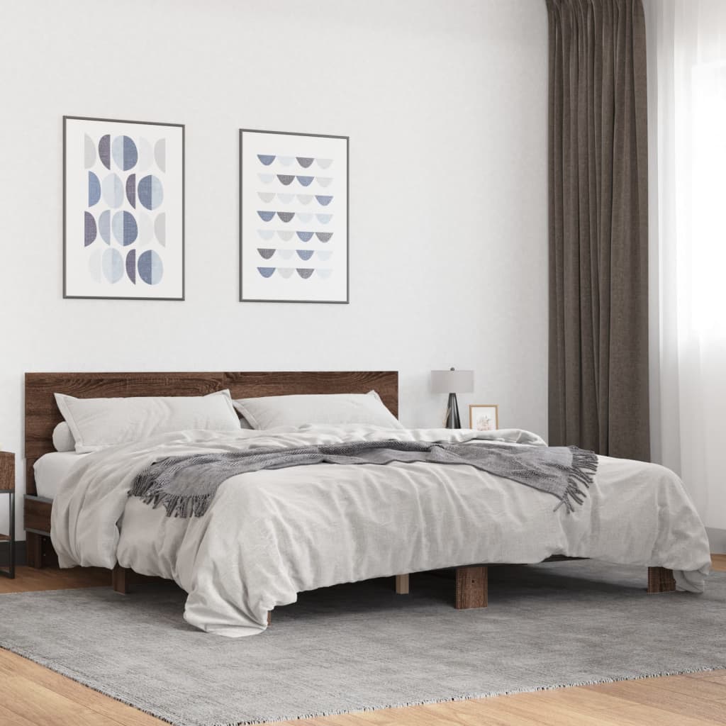 Bedframe bewerkt hout metaal bruin eikenkleur 200x200 cm is nu te koop bij PeponiXL, paradijselijk wonen!
