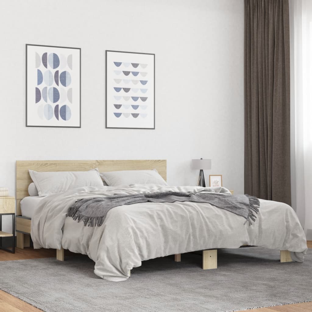 Bedframe bewerkt hout metaal sonoma eikenkleurig 160x200 cm is nu te koop bij PeponiXL, paradijselijk wonen!