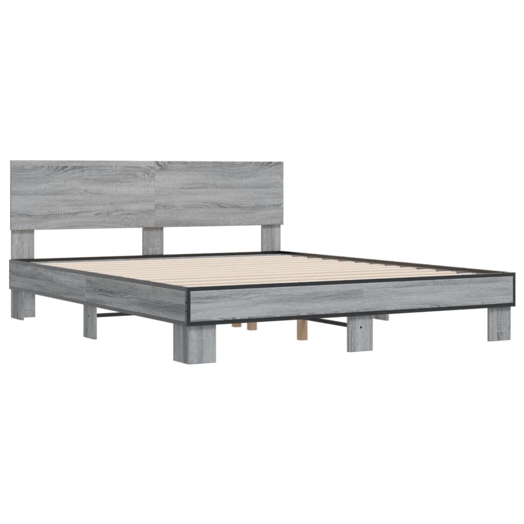 Bedframe bewerkt hout metaal grijs sonoma eiken 150x200 cm is nu te koop bij PeponiXL, paradijselijk wonen!
