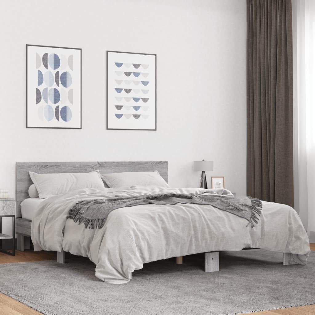 Bedframe bewerkt hout metaal grijs sonoma eiken 150x200 cm is nu te koop bij PeponiXL, paradijselijk wonen!