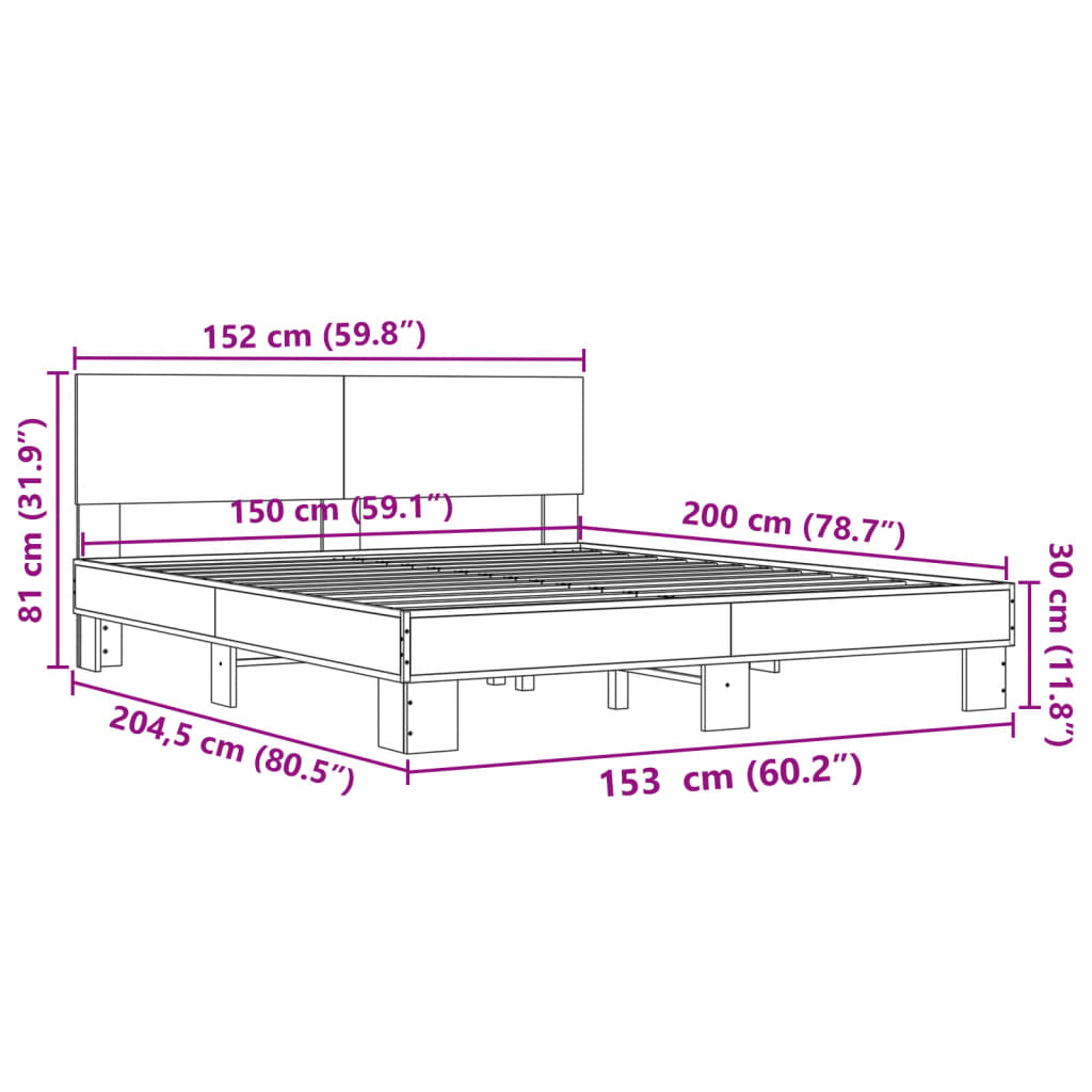 Bedframe bewerkt hout metaal grijs sonoma eiken 150x200 cm is nu te koop bij PeponiXL, paradijselijk wonen!