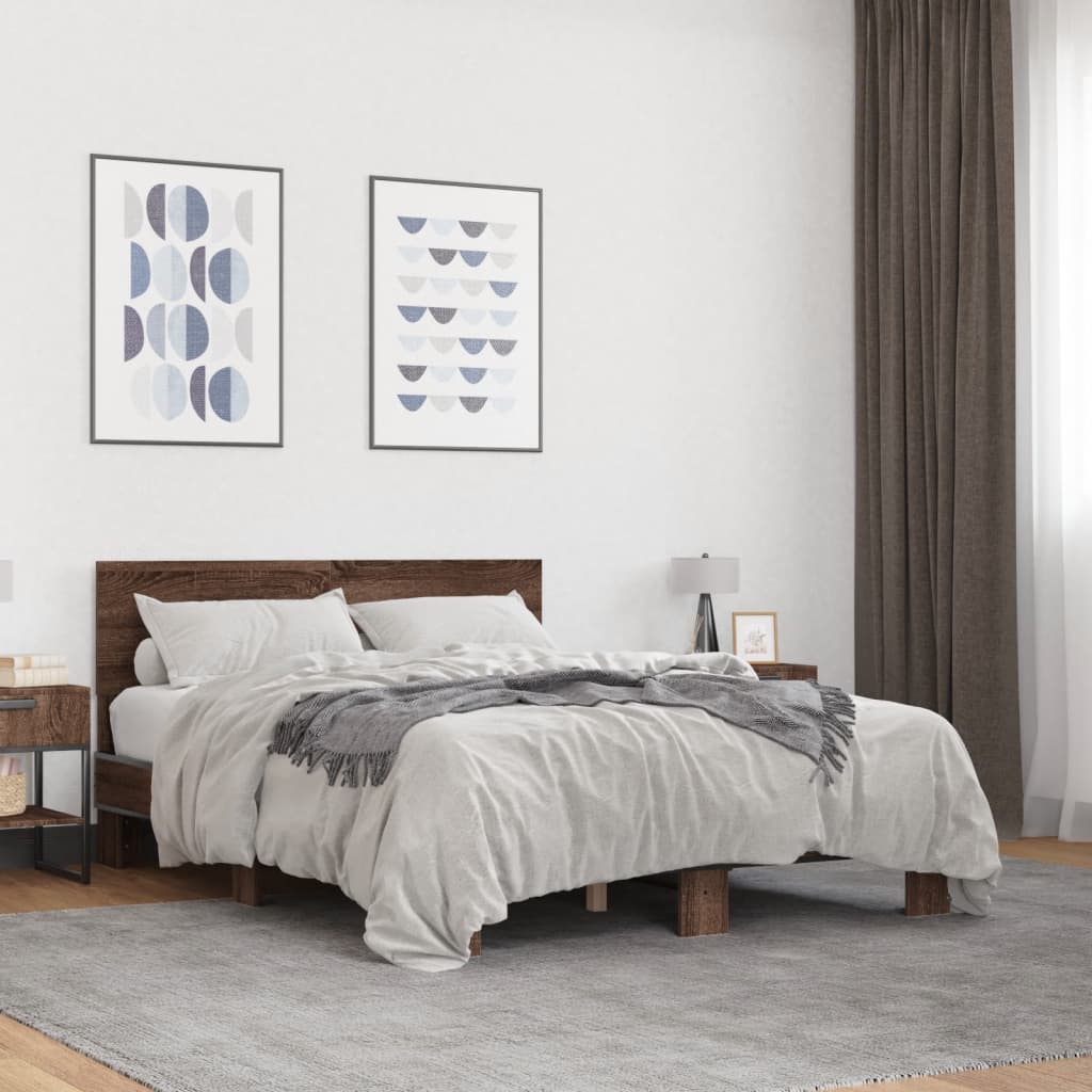 Bedframe bewerkt hout metaal bruin eikenkleur 140x200 cm is nu te koop bij PeponiXL, paradijselijk wonen!