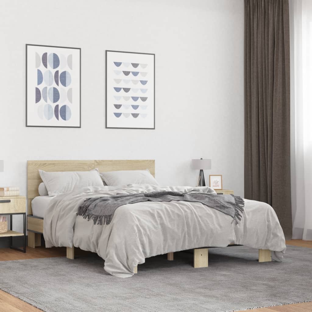 Bedframe bewerkt hout metaal sonoma eikenkleurig 120x200 cm is nu te koop bij PeponiXL, paradijselijk wonen!