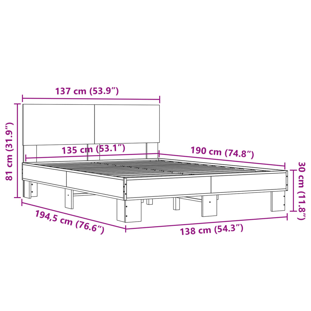 Bedframe bewerkt hout metaal gerookt eikenkleurig 135x190 cm is nu te koop bij PeponiXL, paradijselijk wonen!