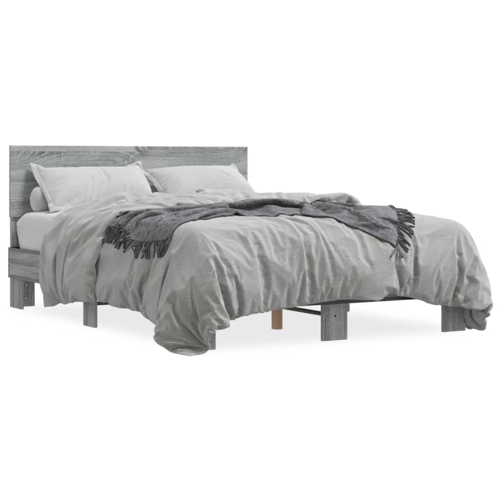 Bedframe bewerkt hout metaal grijs sonoma eiken 135x190 cm is nu te koop bij PeponiXL, paradijselijk wonen!