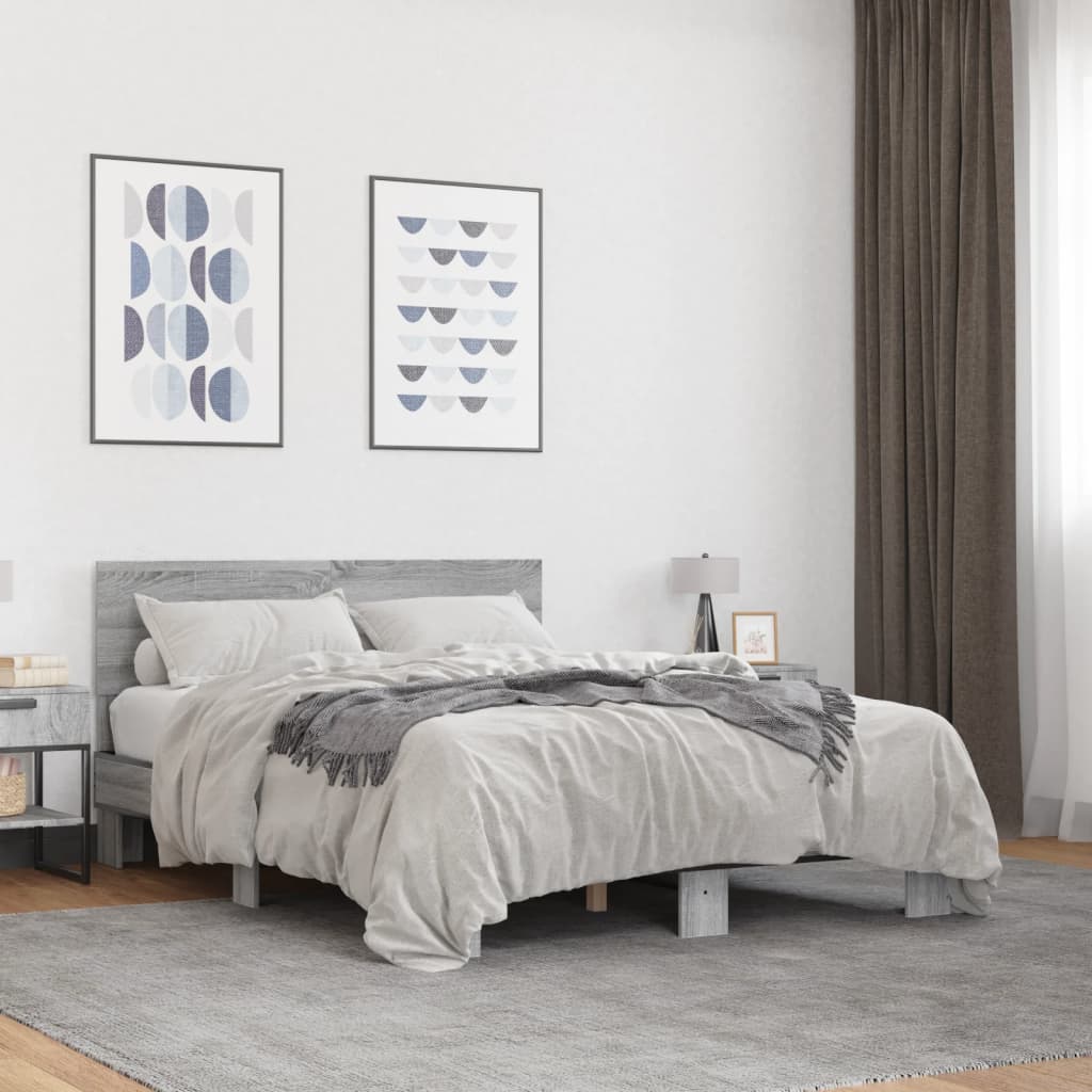 Bedframe bewerkt hout metaal grijs sonoma eiken 140x190 cm is nu te koop bij PeponiXL, paradijselijk wonen!