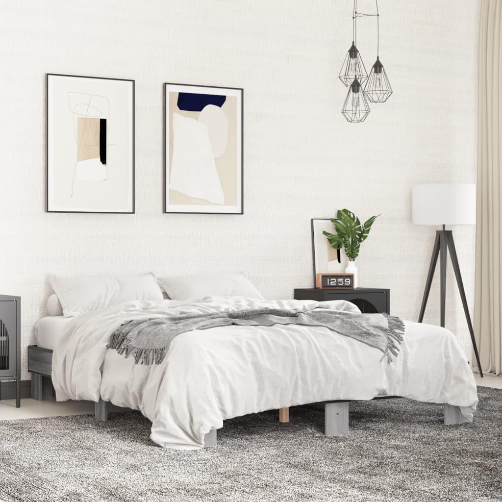 Bedframe bewerkt hout metaal grijs sonoma eiken 150x200 cm is nu te koop bij PeponiXL, paradijselijk wonen!