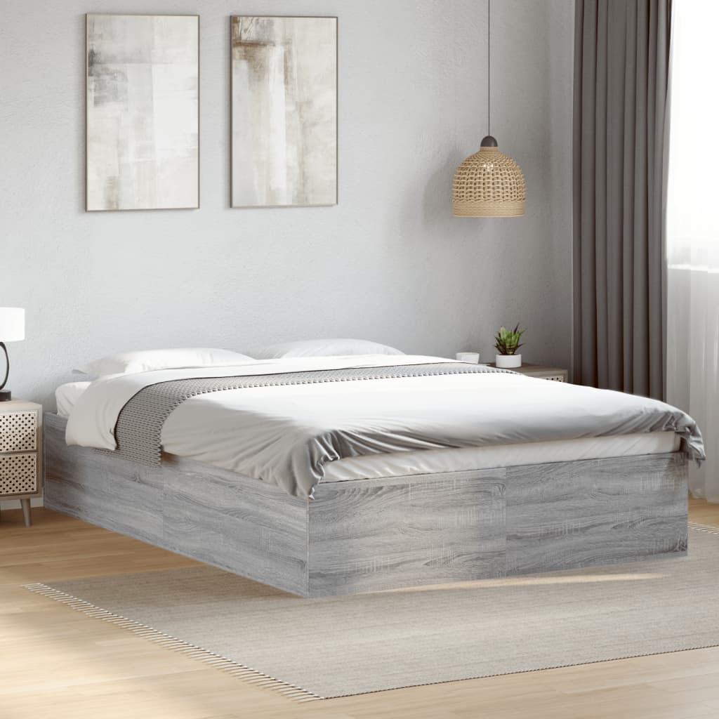 Bedframe bewerkt hout grijs sonoma eikenkleurig 135x190 cm is nu te koop bij PeponiXL, paradijselijk wonen!
