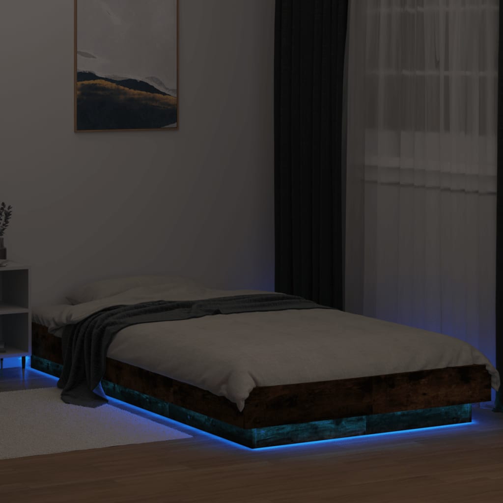 Bedframe LED-verlichting bewerkt hout gerookt eiken 75x190 cm is nu te koop bij PeponiXL, paradijselijk wonen!