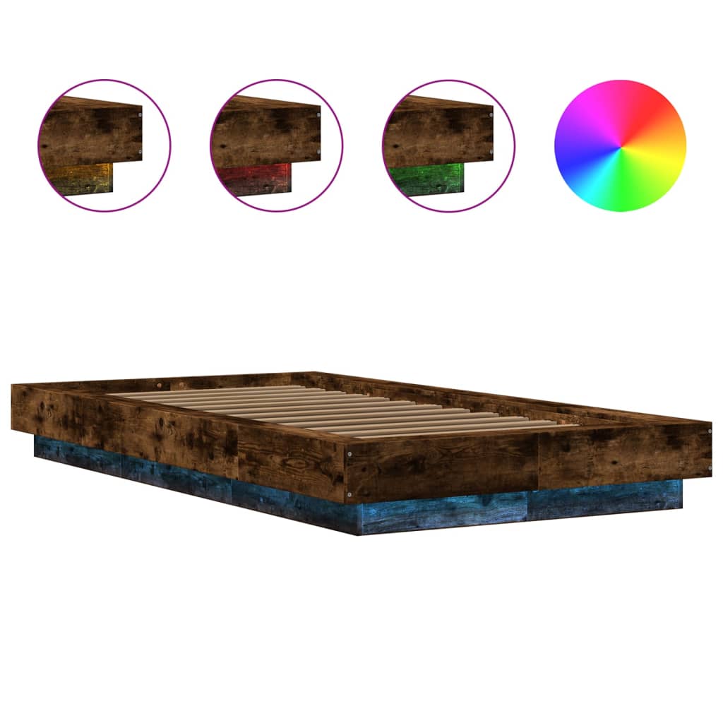 Bedframe LED-verlichting bewerkt hout gerookt eiken 75x190 cm is nu te koop bij PeponiXL, paradijselijk wonen!
