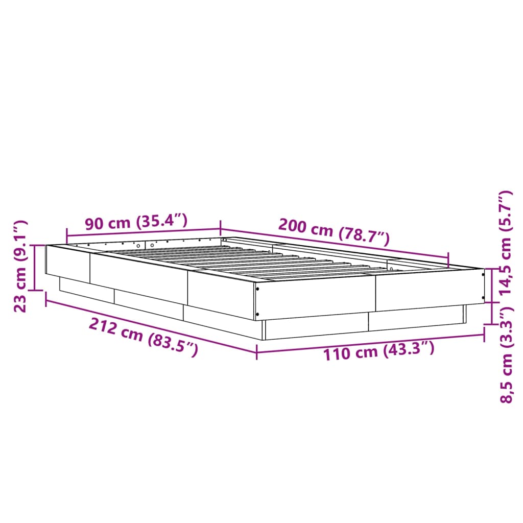 Bedframe bewerkt hout sonoma eikenkleurig 90x200 cm is nu te koop bij PeponiXL, paradijselijk wonen!