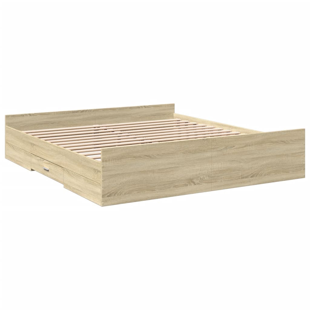 Bedframe met lades bewerkt hout sonoma eikenkleurig 200x200 cm is nu te koop bij PeponiXL, paradijselijk wonen!