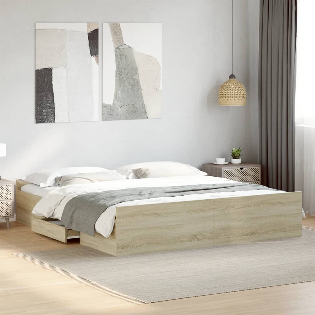 Bedframe met lades bewerkt hout sonoma eikenkleurig 200x200 cm is nu te koop bij PeponiXL, paradijselijk wonen!
