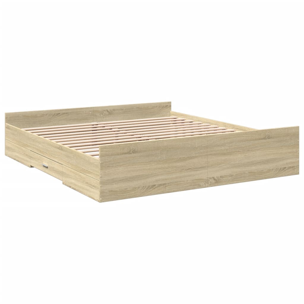 Bedframe met lades bewerkt hout sonoma eikenkleurig 200x200 cm is nu te koop bij PeponiXL, paradijselijk wonen!