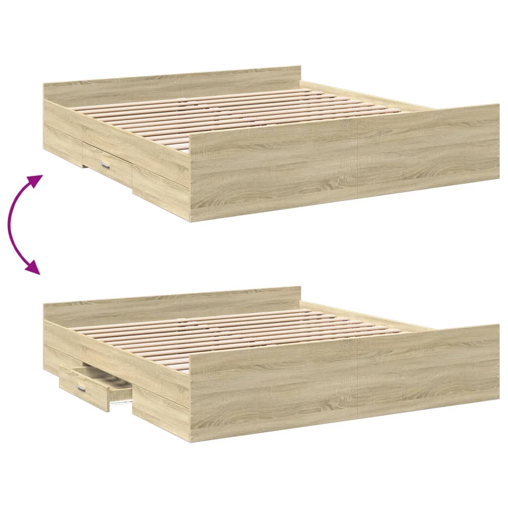 Bedframe met lades bewerkt hout sonoma eikenkleurig 200x200 cm is nu te koop bij PeponiXL, paradijselijk wonen!