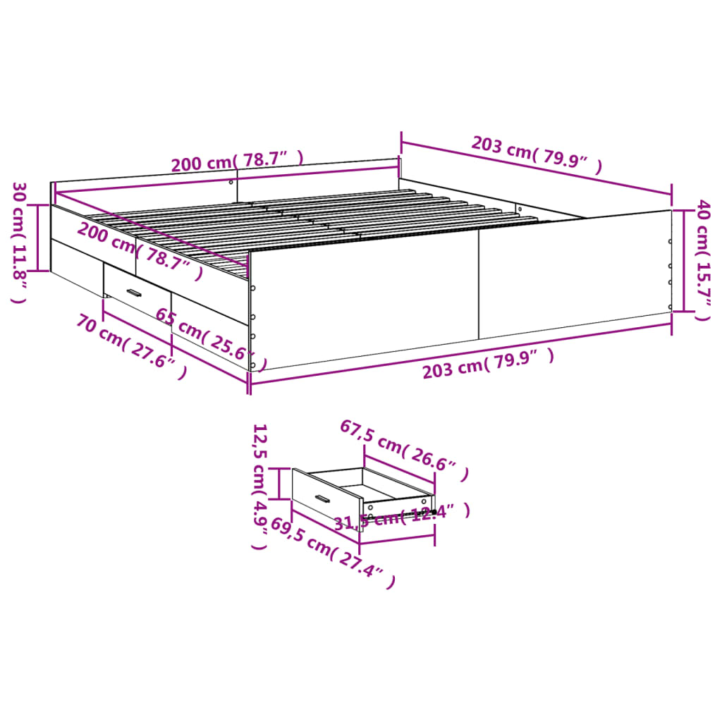 Bedframe met lades bewerkt hout sonoma eikenkleurig 200x200 cm is nu te koop bij PeponiXL, paradijselijk wonen!