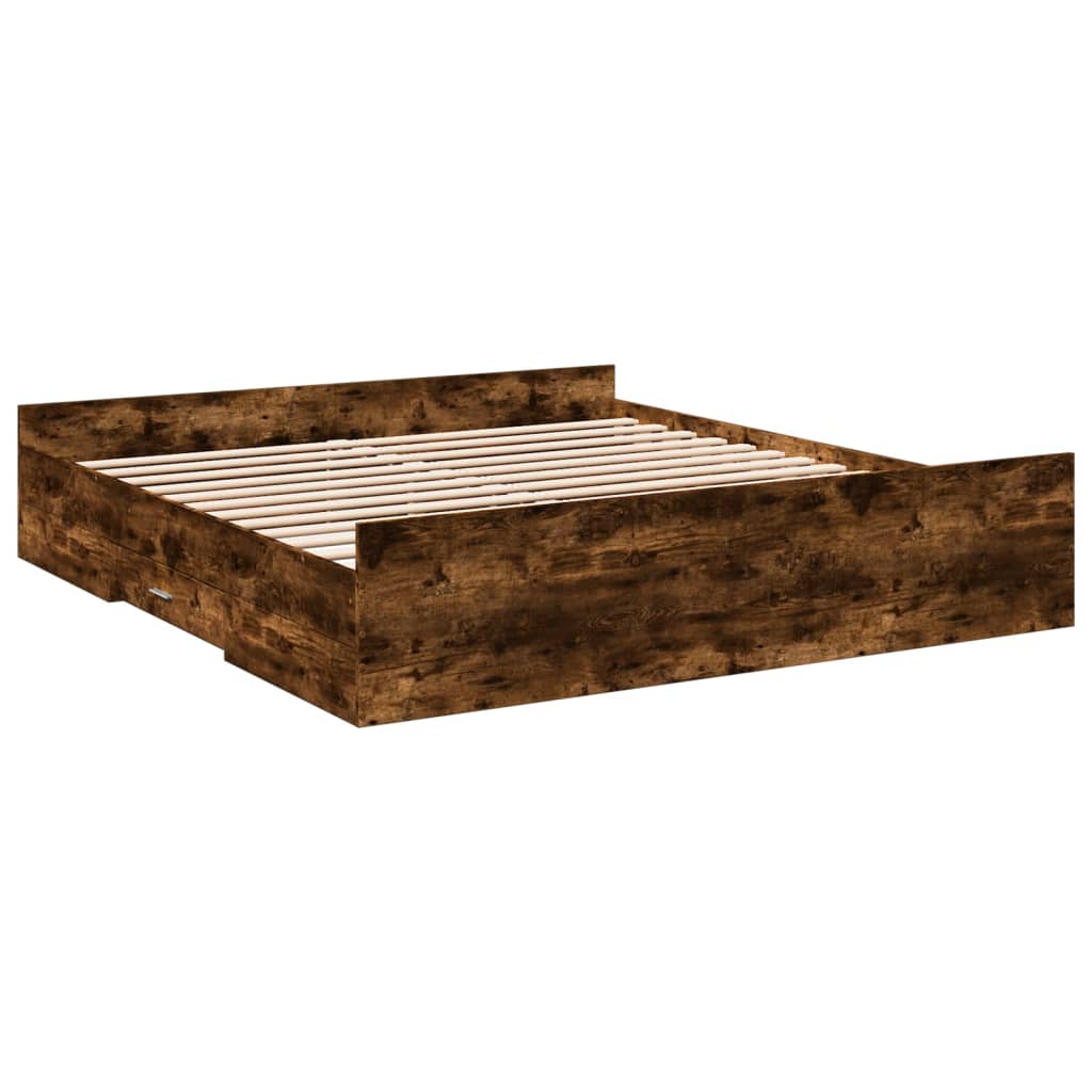 Bedframe met lades bewerkt hout gerookt eikenkleurig 200x200 cm is nu te koop bij PeponiXL, paradijselijk wonen!