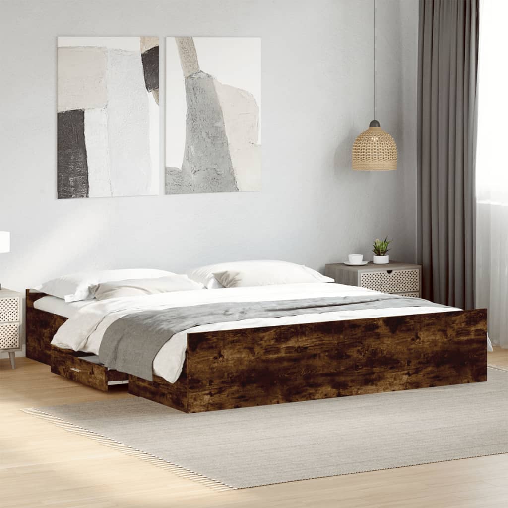 Bedframe met lades bewerkt hout gerookt eikenkleurig 200x200 cm is nu te koop bij PeponiXL, paradijselijk wonen!