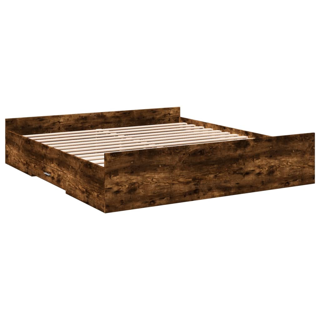Bedframe met lades bewerkt hout gerookt eikenkleurig 200x200 cm is nu te koop bij PeponiXL, paradijselijk wonen!