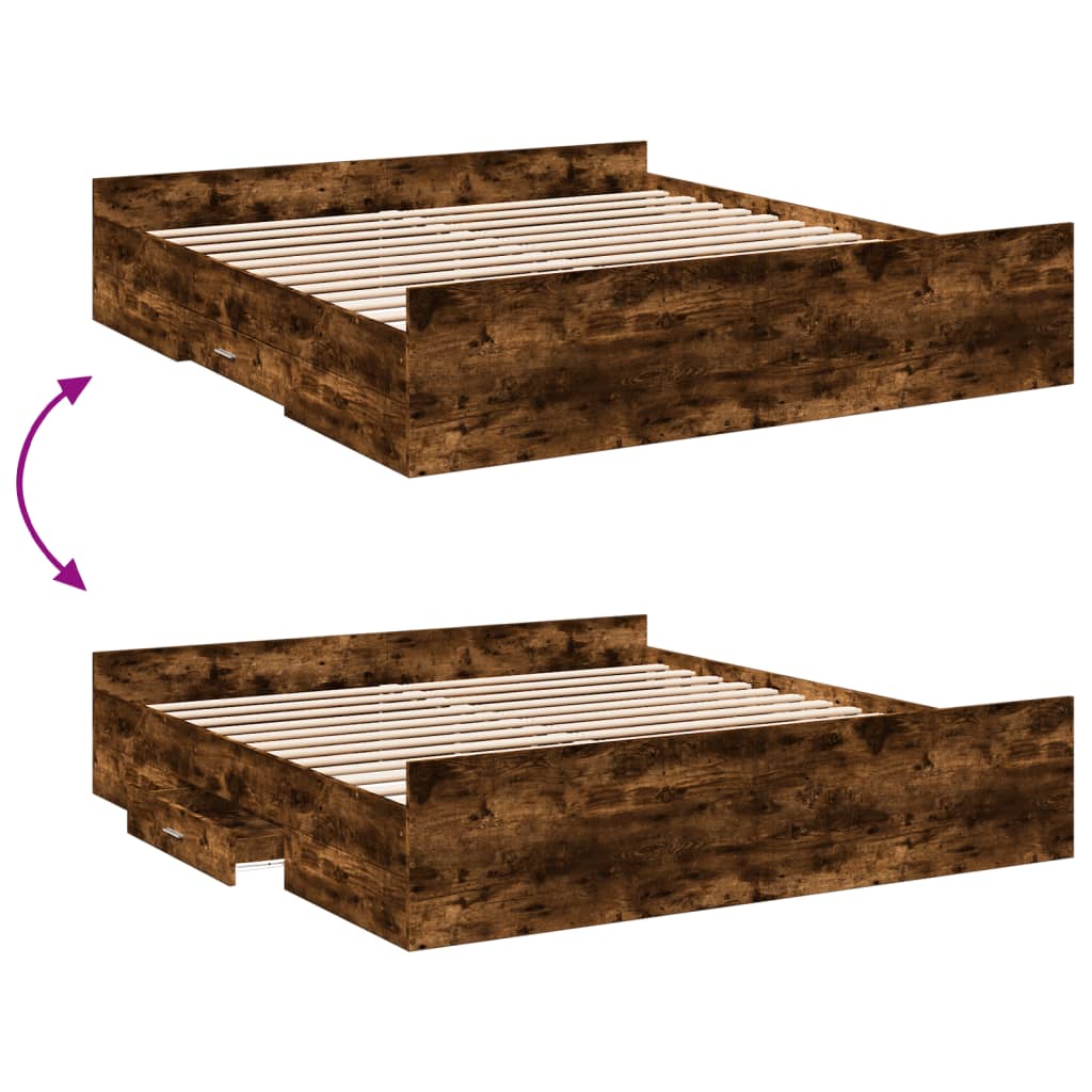 Bedframe met lades bewerkt hout gerookt eikenkleurig 200x200 cm is nu te koop bij PeponiXL, paradijselijk wonen!