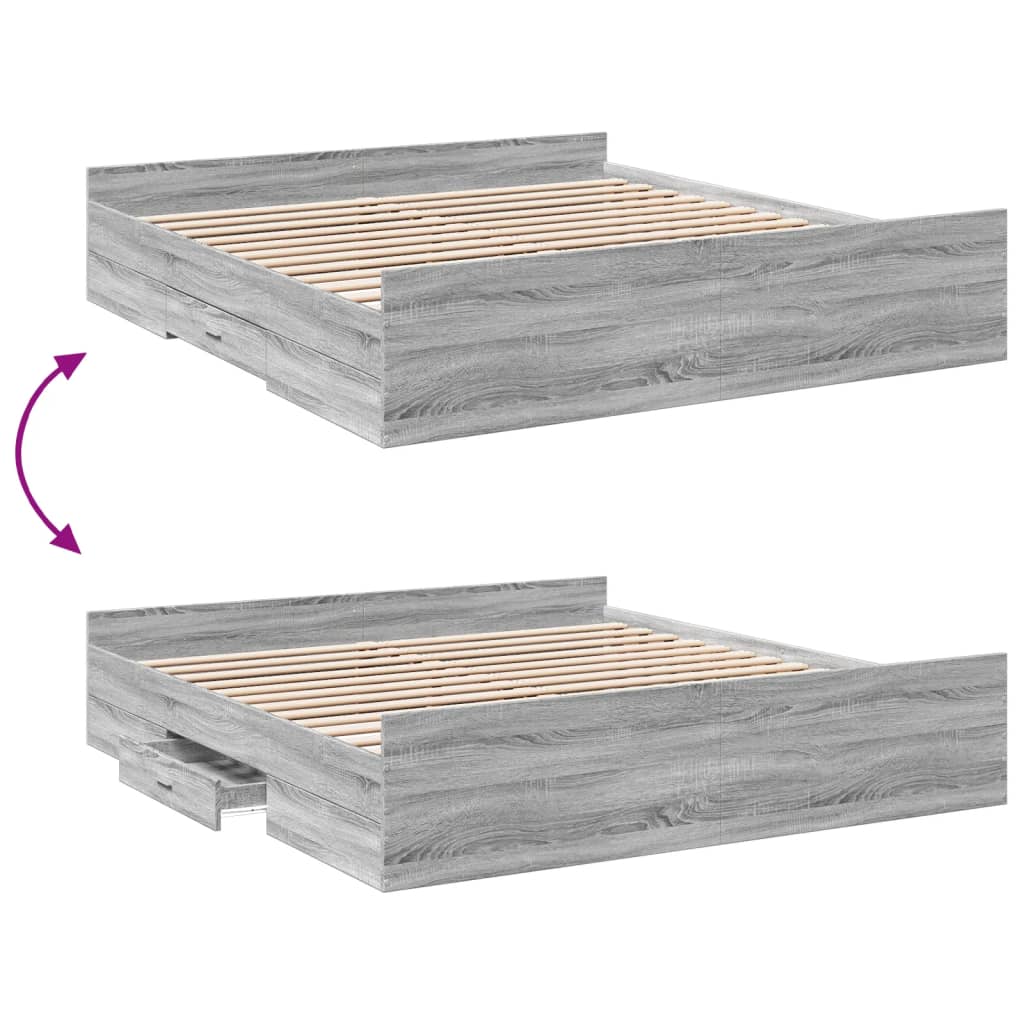 Bedframe met lades bewerkt hout grijs sonoma eiken 200x200 cm is nu te koop bij PeponiXL, paradijselijk wonen!