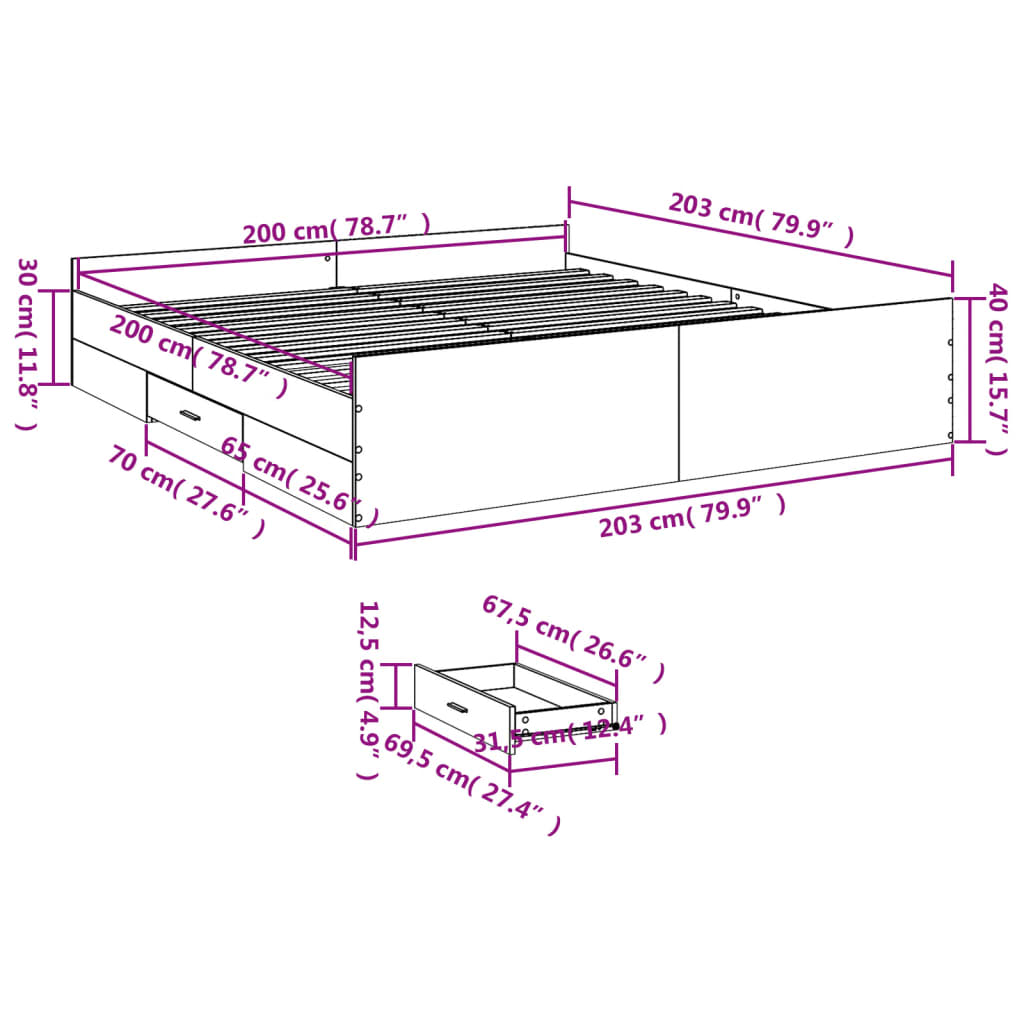 Bedframe met lades bewerkt hout grijs sonoma eiken 200x200 cm is nu te koop bij PeponiXL, paradijselijk wonen!