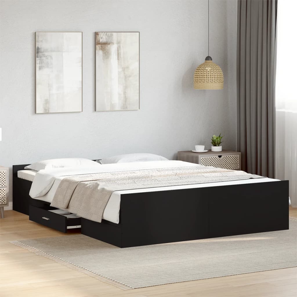 Bedframe met lades bewerkt hout zwart 150x200 cm is nu te koop bij PeponiXL, paradijselijk wonen!