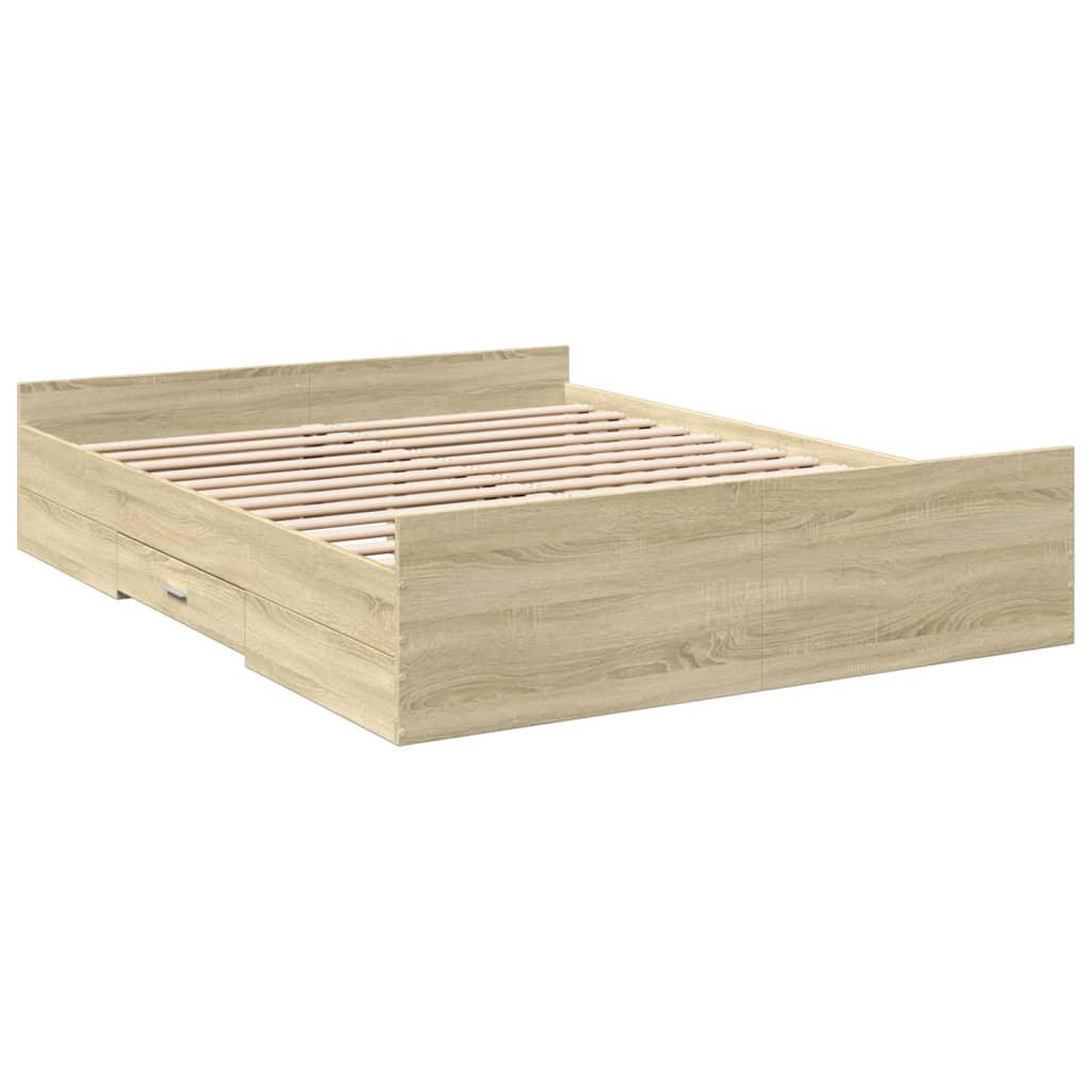 Bedframe met lades bewerkt hout sonoma eikenkleurig 150x200 cm is nu te koop bij PeponiXL, paradijselijk wonen!