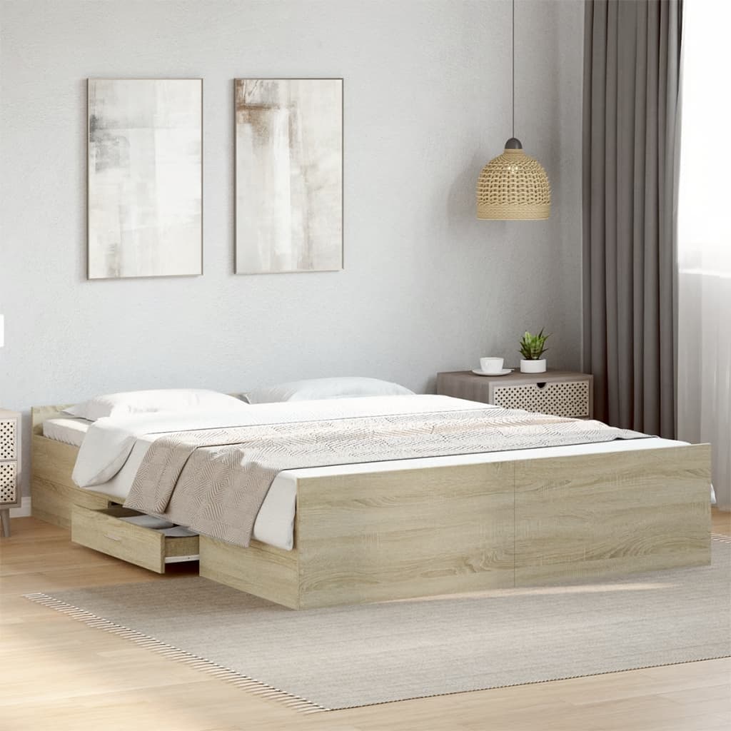 Bedframe met lades bewerkt hout sonoma eikenkleurig 150x200 cm is nu te koop bij PeponiXL, paradijselijk wonen!