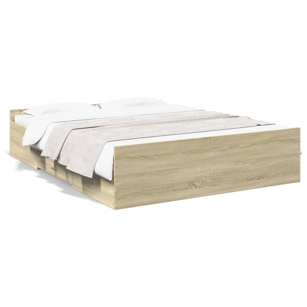 Bedframe met lades bewerkt hout sonoma eikenkleurig 150x200 cm is nu te koop bij PeponiXL, paradijselijk wonen!