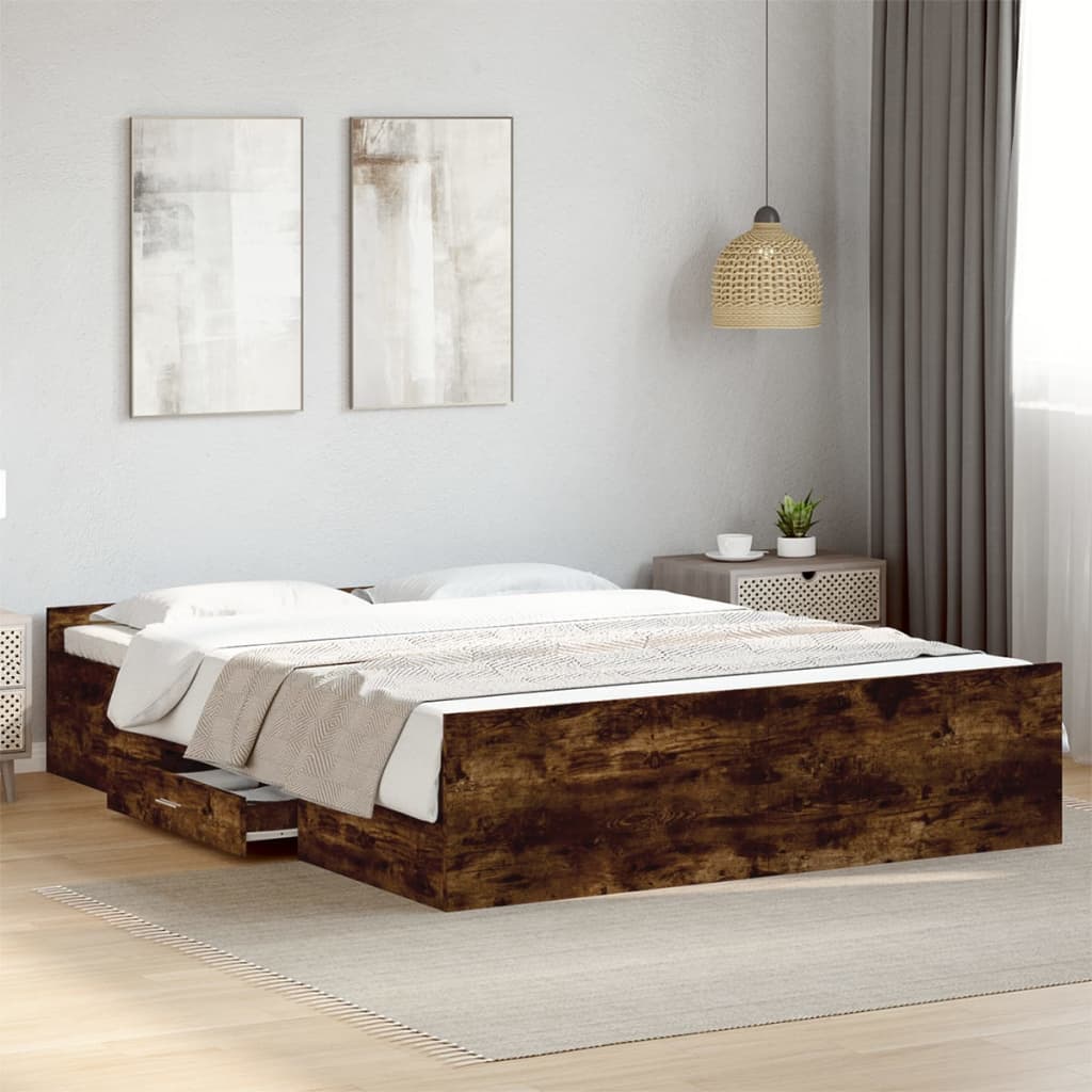 Bedframe met lades bewerkt hout gerookt eikenkleurig 150x200 cm is nu te koop bij PeponiXL, paradijselijk wonen!