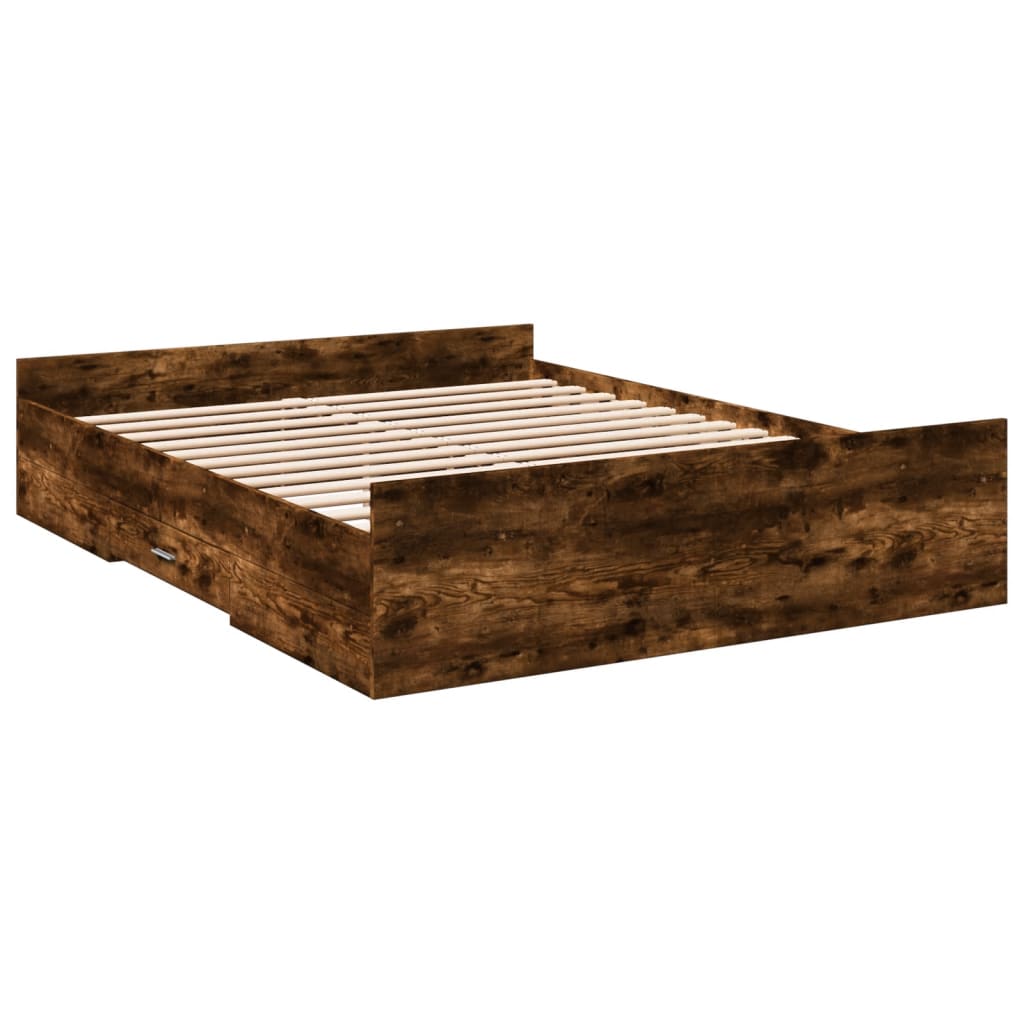 Bedframe met lades bewerkt hout gerookt eikenkleurig 150x200 cm is nu te koop bij PeponiXL, paradijselijk wonen!
