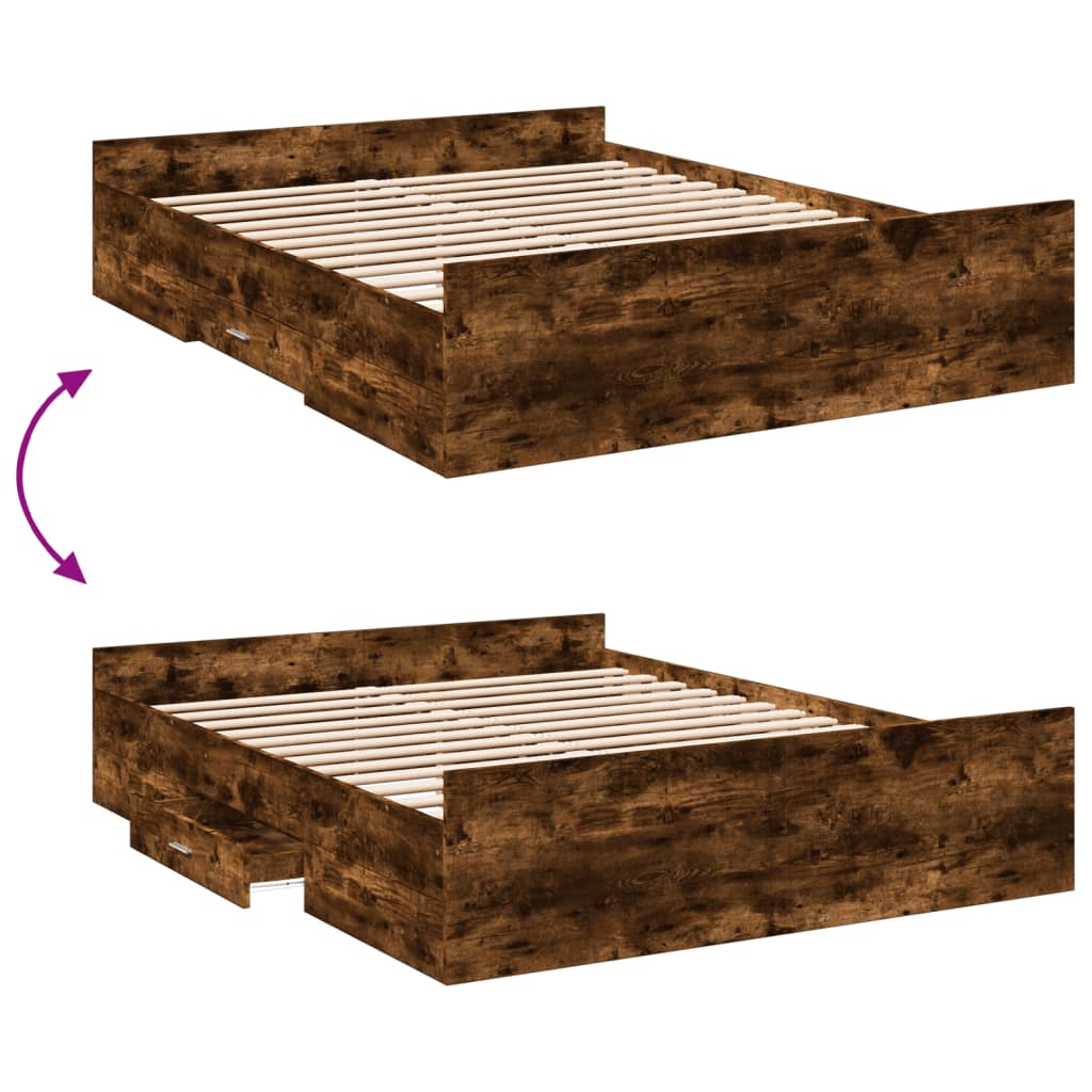 Bedframe met lades bewerkt hout gerookt eikenkleurig 150x200 cm is nu te koop bij PeponiXL, paradijselijk wonen!