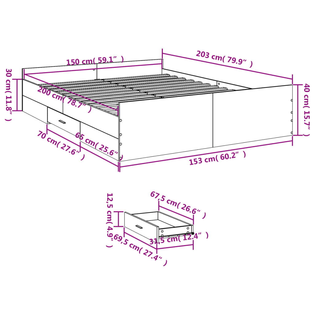 Bedframe met lades bewerkt hout gerookt eikenkleurig 150x200 cm is nu te koop bij PeponiXL, paradijselijk wonen!