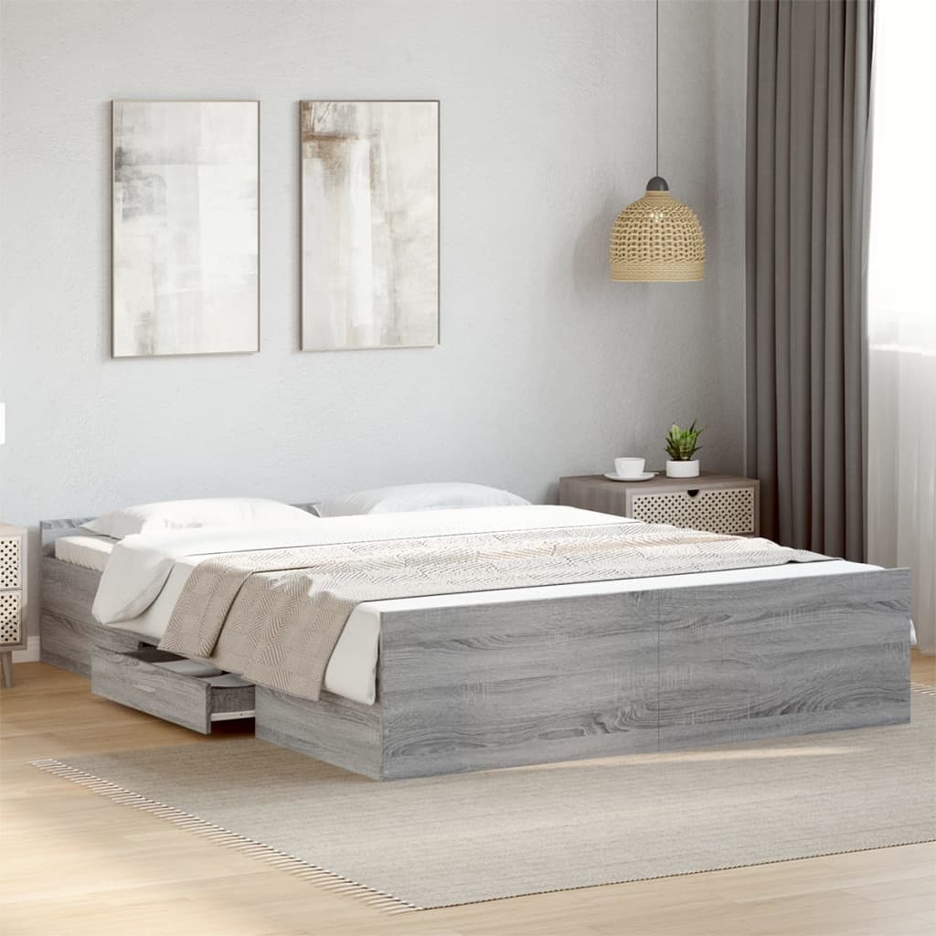 Bedframe met lades bewerkt hout grijs sonoma eiken 150x200 cm is nu te koop bij PeponiXL, paradijselijk wonen!