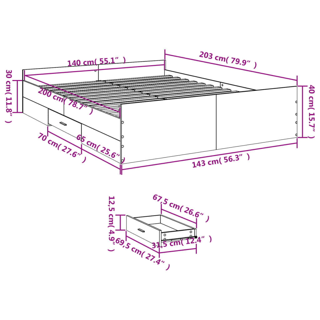 Bedframe met lades bewerkt hout gerookt eikenkleurig 140x200 cm is nu te koop bij PeponiXL, paradijselijk wonen!