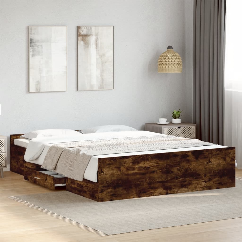Bedframe met lades bewerkt hout gerookt eikenkleurig 140x200 cm is nu te koop bij PeponiXL, paradijselijk wonen!