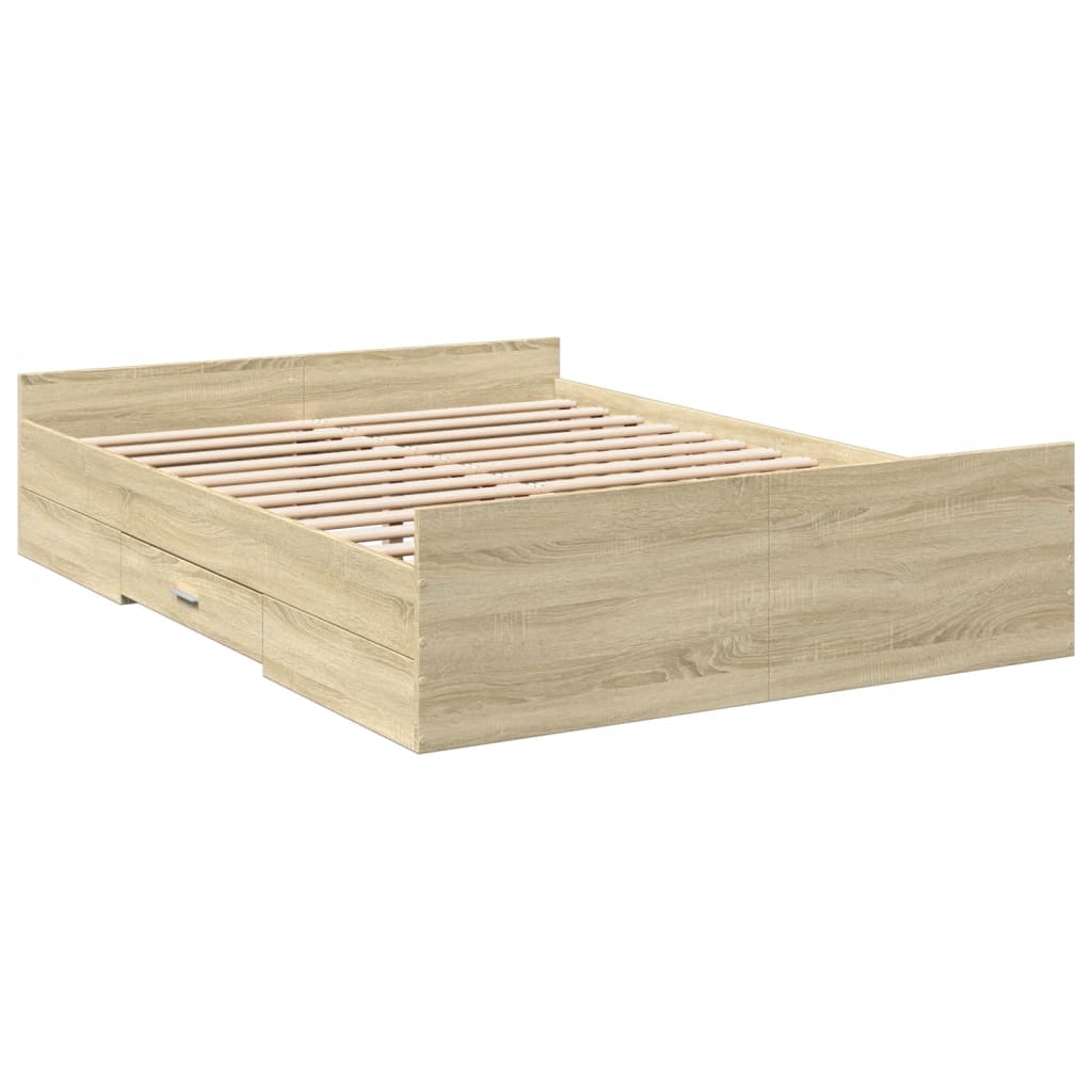 Bedframe met lades bewerkt hout sonoma eikenkleurig 120x200 cm is nu te koop bij PeponiXL, paradijselijk wonen!