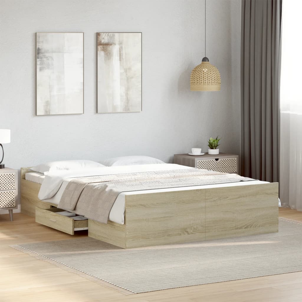 Bedframe met lades bewerkt hout sonoma eikenkleurig 120x200 cm is nu te koop bij PeponiXL, paradijselijk wonen!