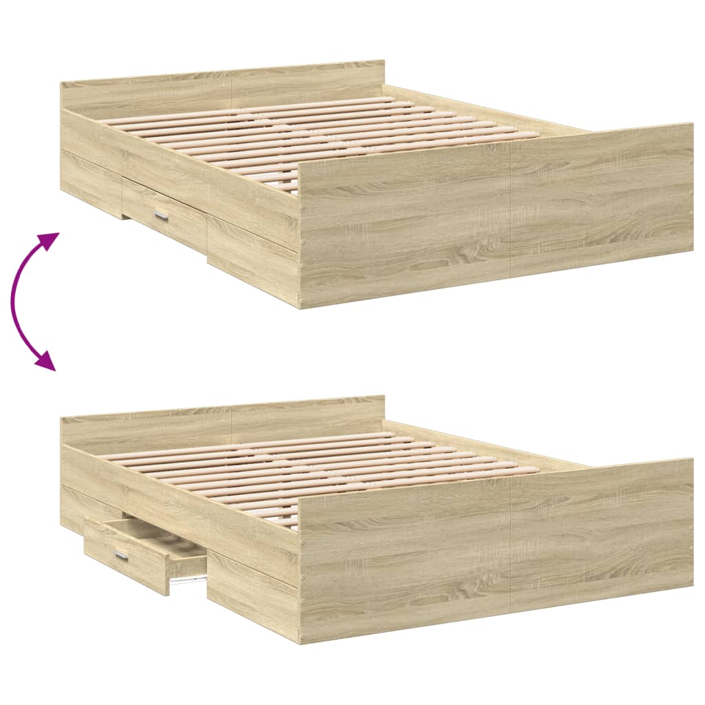 Bedframe met lades bewerkt hout sonoma eikenkleurig 120x200 cm is nu te koop bij PeponiXL, paradijselijk wonen!
