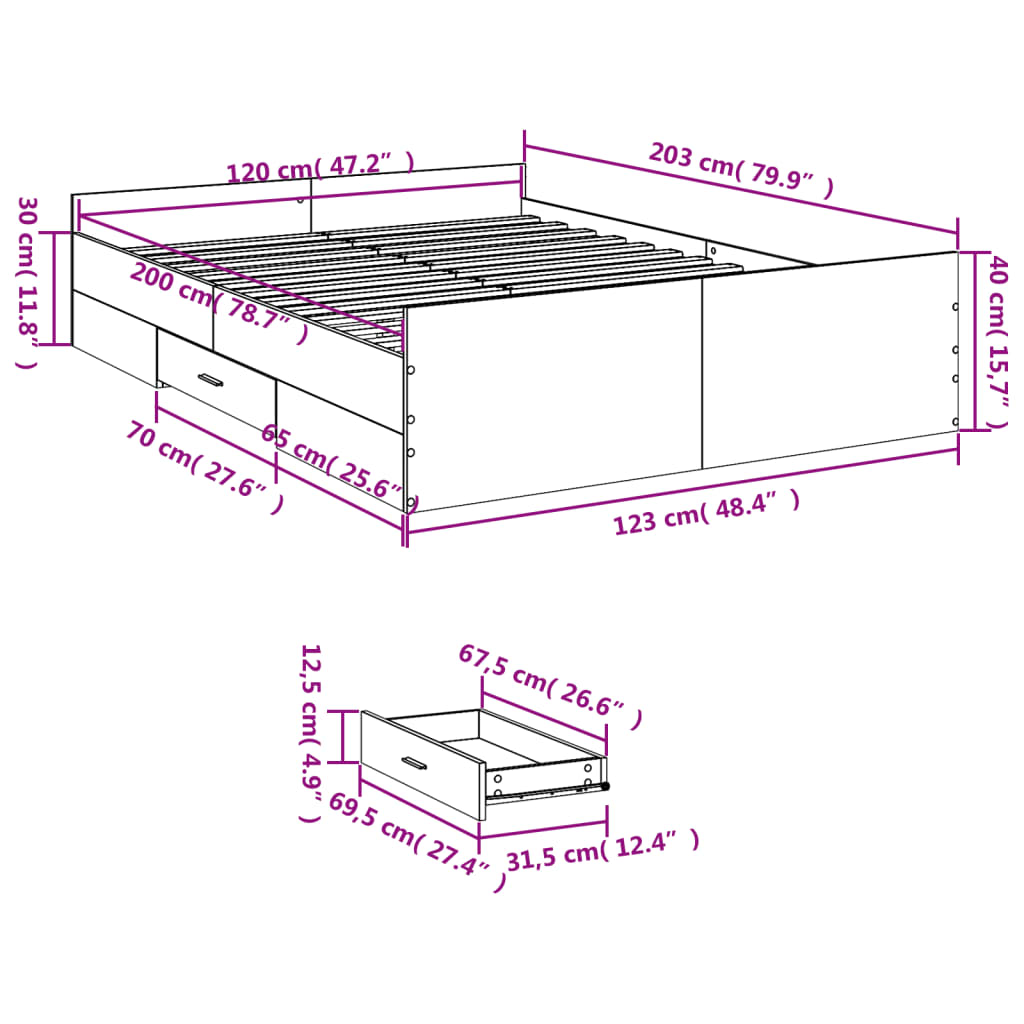 Bedframe met lades bewerkt hout sonoma eikenkleurig 120x200 cm is nu te koop bij PeponiXL, paradijselijk wonen!